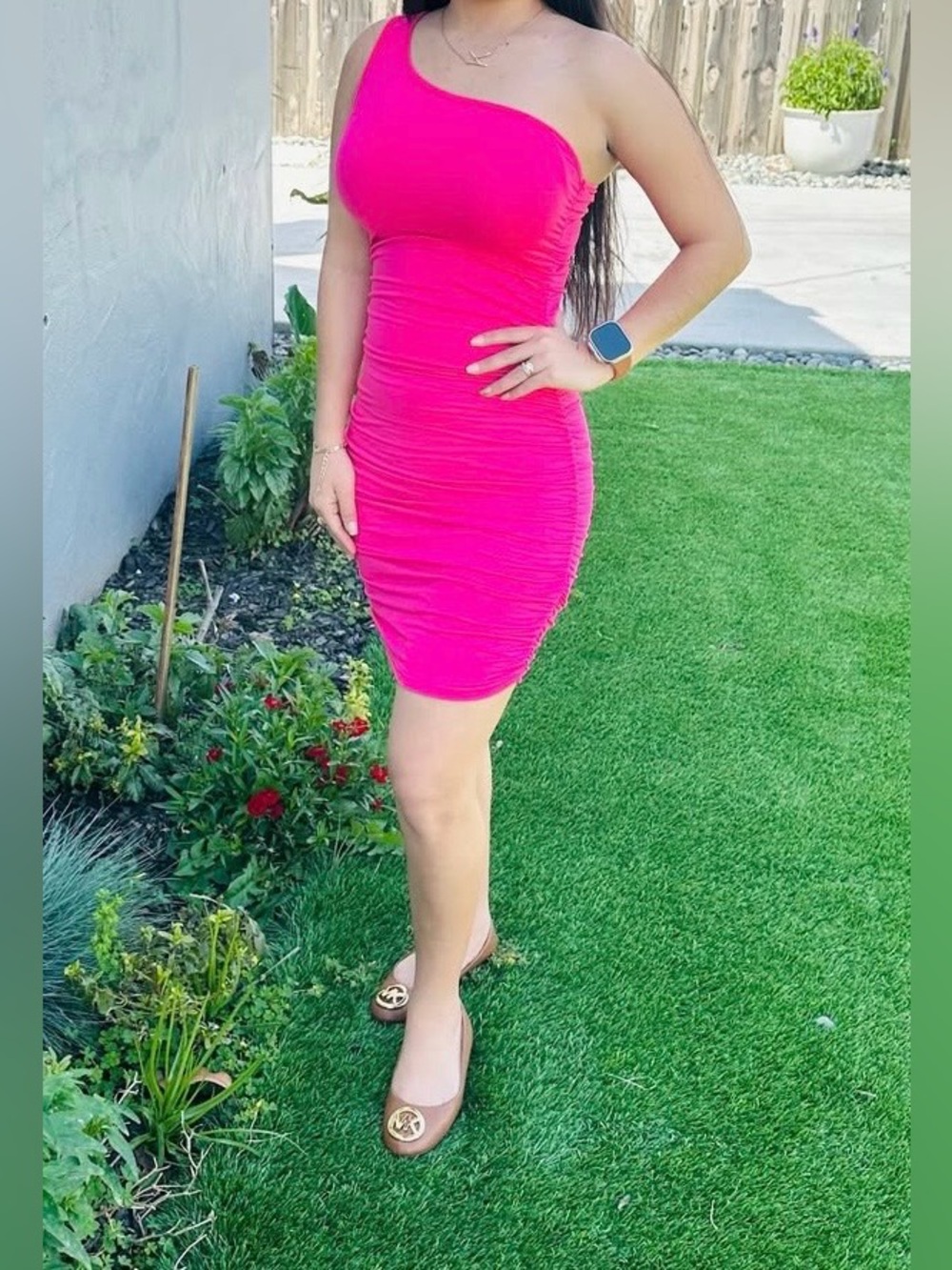 One-Shoulder Hot Pink Ruched Bodycon Dress